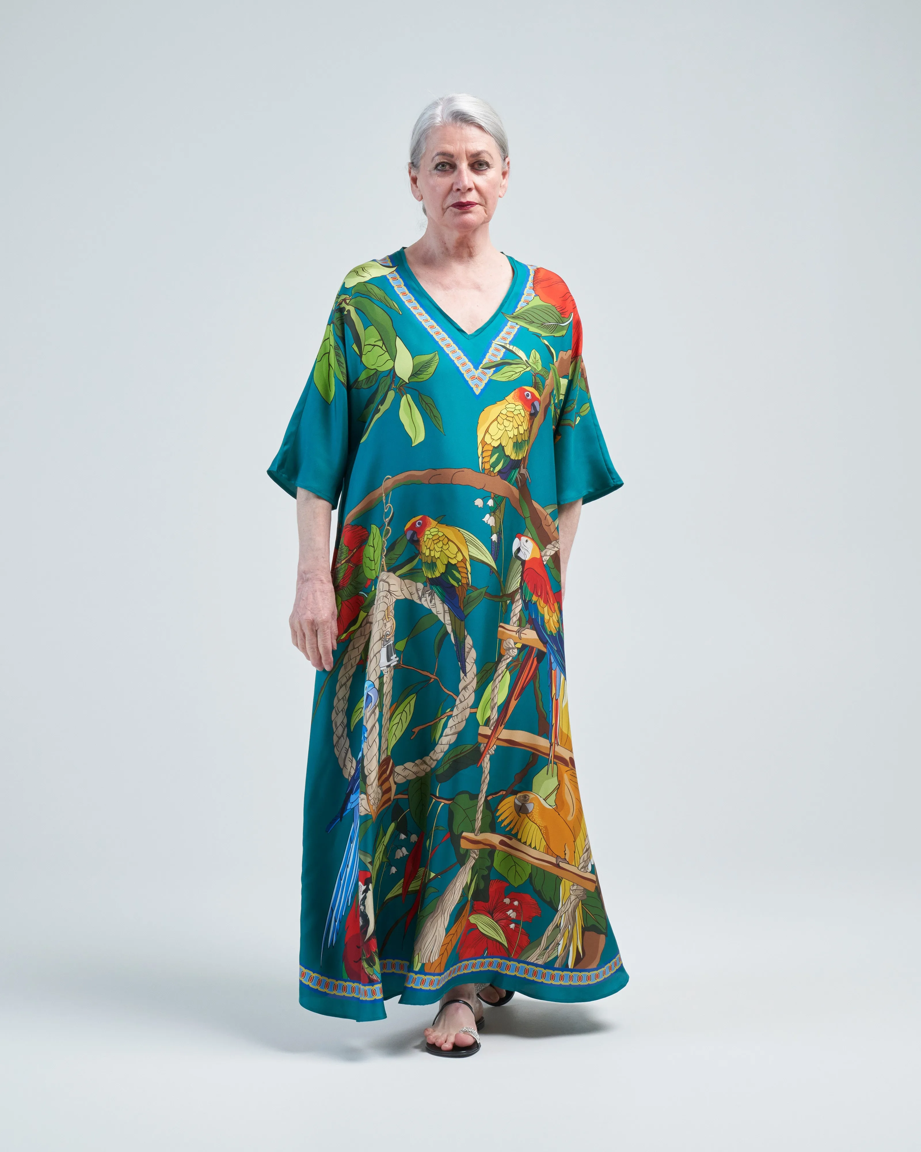 aloe silk kaftan parrots