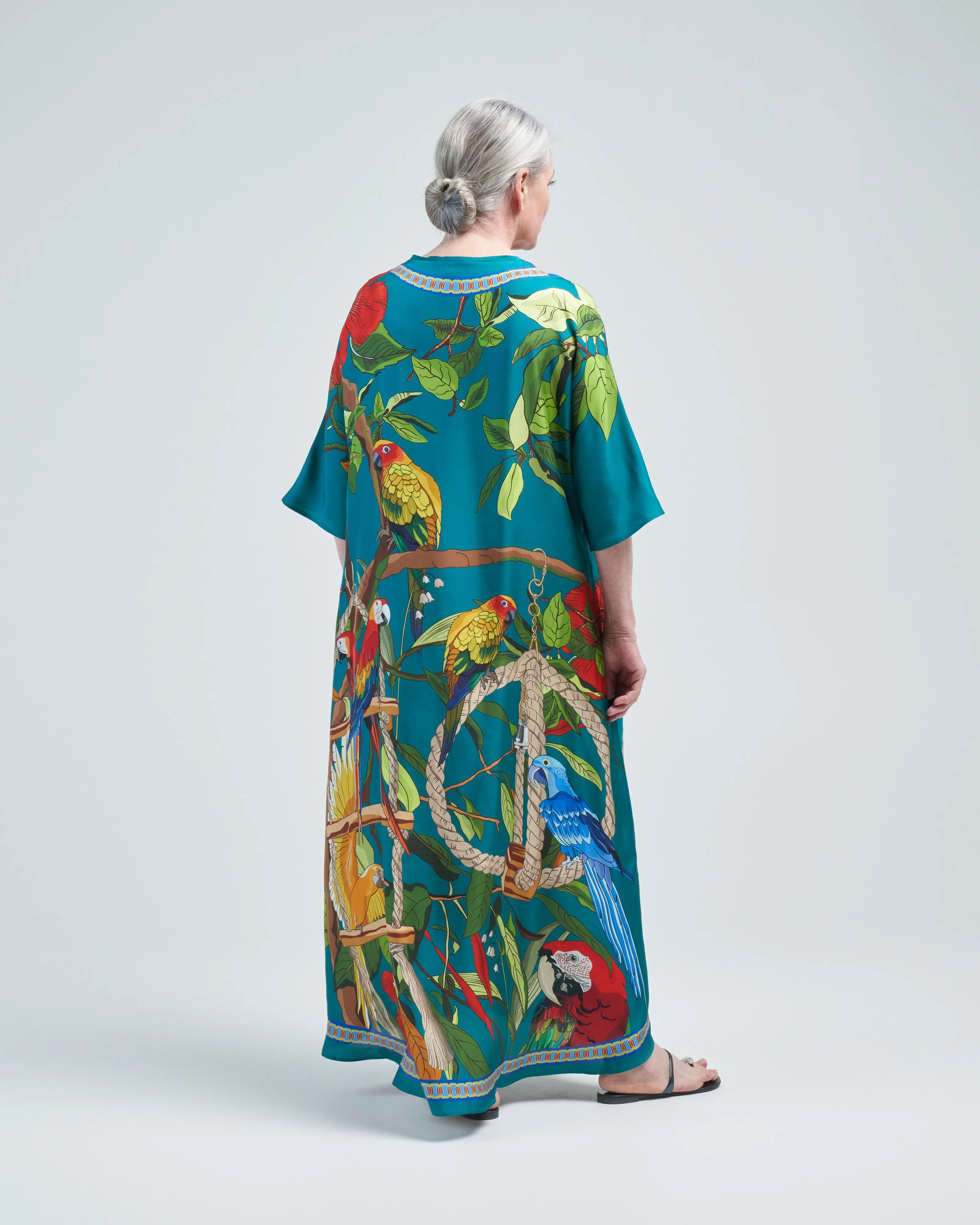 aloe silk kaftan parrots