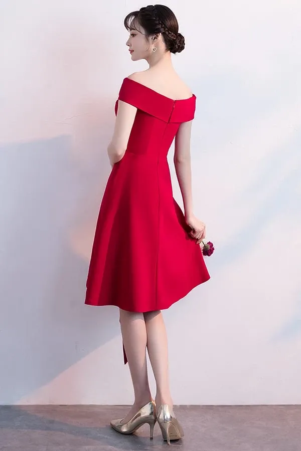 Anneprom Simple Red Satin Off The Shoulder Homecoming Dresses Party Dresses APH0023