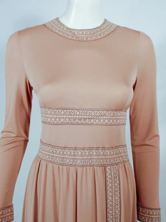 AVERARDO BESSI Tan Silk Jersey Long Sleeve Dress with Border Print