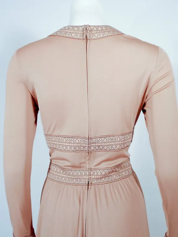 AVERARDO BESSI Tan Silk Jersey Long Sleeve Dress with Border Print