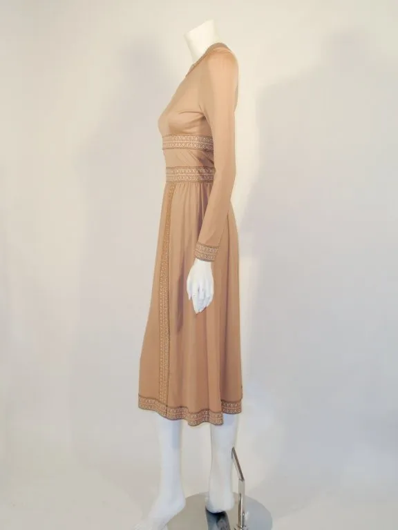 AVERARDO BESSI Tan Silk Jersey Long Sleeve Dress with Border Print