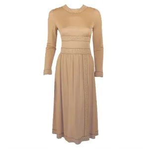 AVERARDO BESSI Tan Silk Jersey Long Sleeve Dress with Border Print