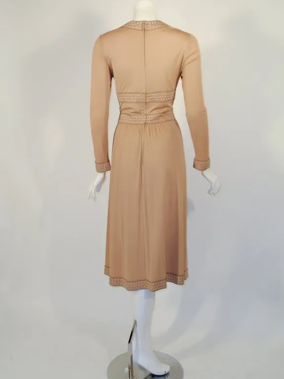 AVERARDO BESSI Tan Silk Jersey Long Sleeve Dress with Border Print