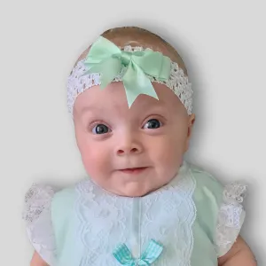 Baby girls crochet headband with mint green satin bow