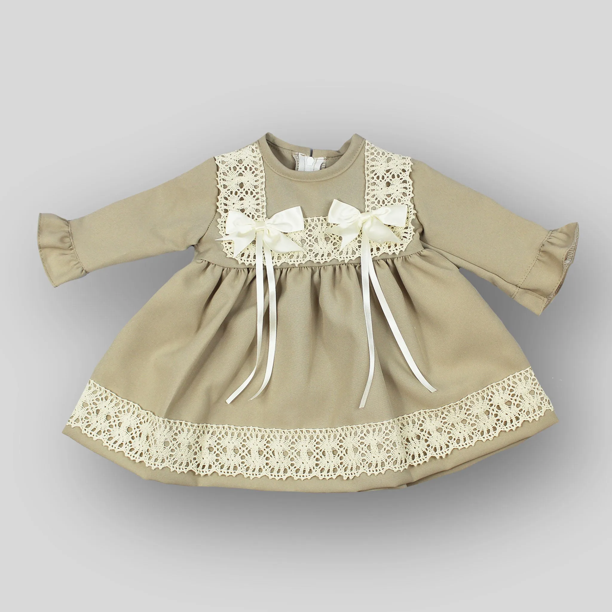 Baby Girls Dress With Bows & Lace - Champagne