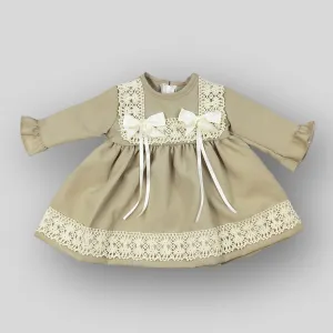 Baby Girls Dress With Bows & Lace - Champagne