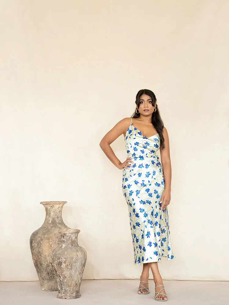 Back Tie-up Cowl Neck Satin  Dress