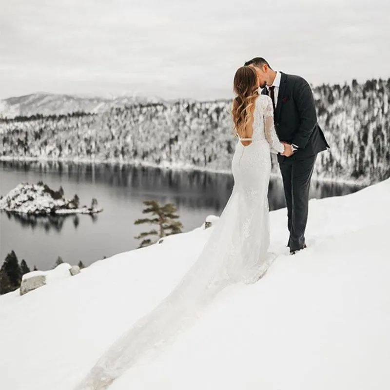 Backless Mermaid Wedding Dress Long Sleeves Deep V-neck Full Length Train