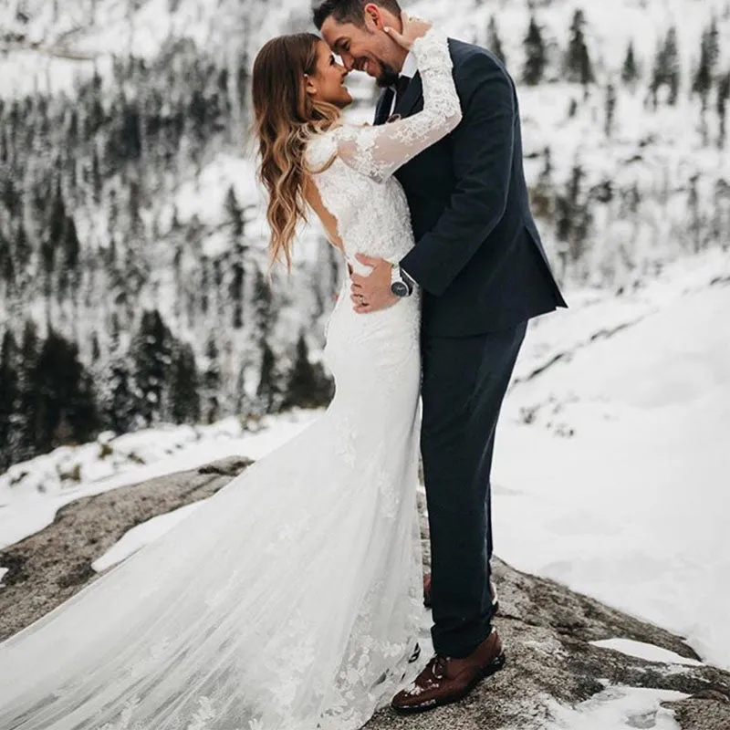 Backless Mermaid Wedding Dress Long Sleeves Deep V-neck Full Length Train