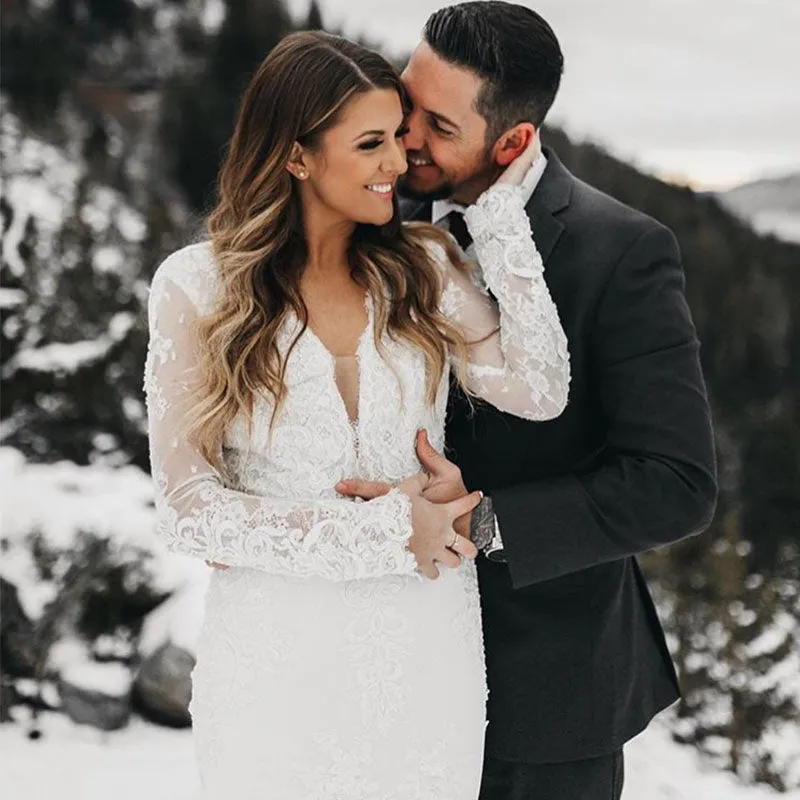 Backless Mermaid Wedding Dress Long Sleeves Deep V-neck Full Length Train