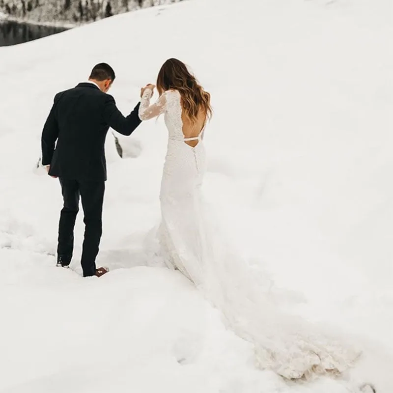 Backless Mermaid Wedding Dress Long Sleeves Deep V-neck Full Length Train