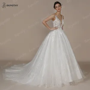 Backless Scoop Lace Wedding Dresses For Bride France Court Train Glitter