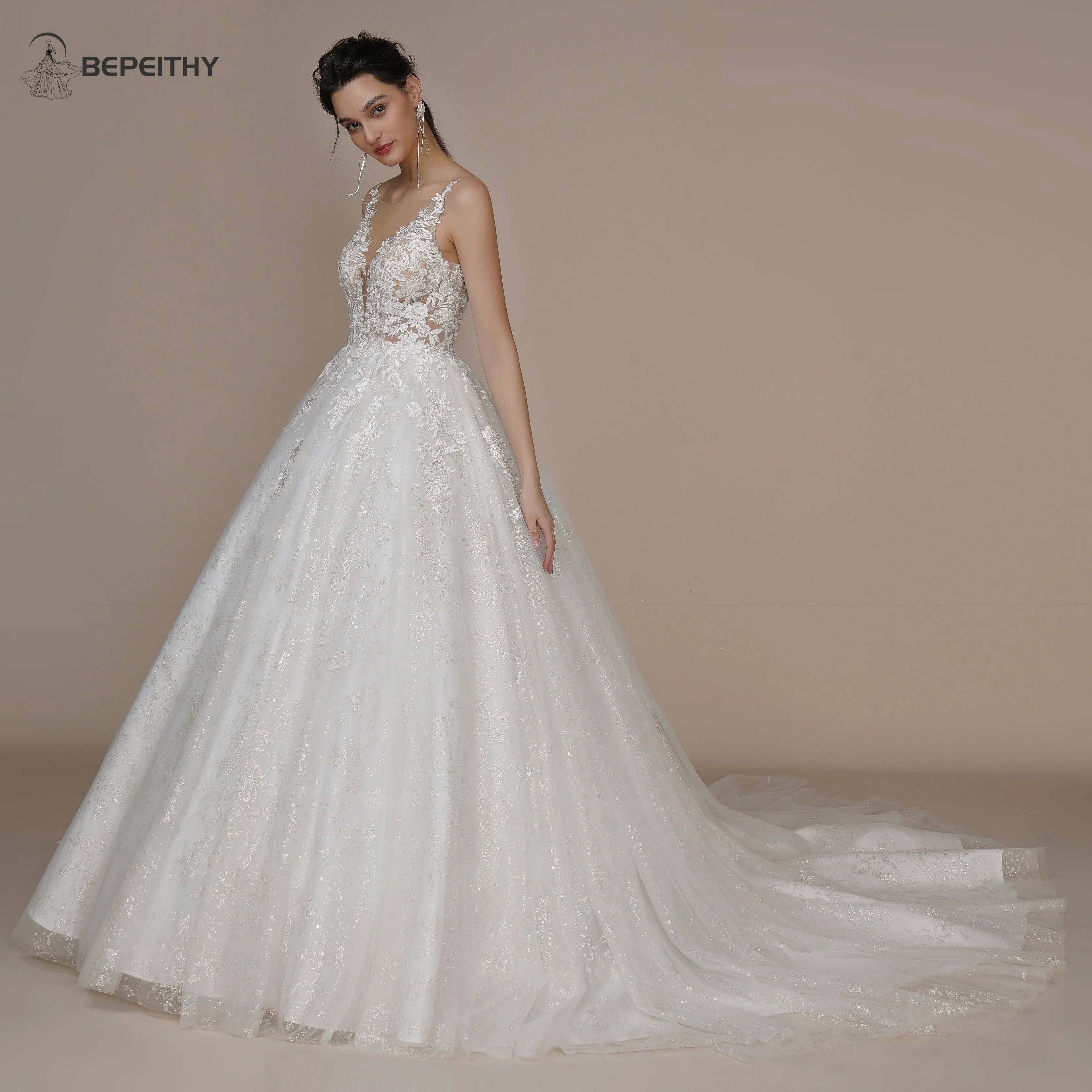 Backless Scoop Lace Wedding Dresses For Bride France Court Train Glitter