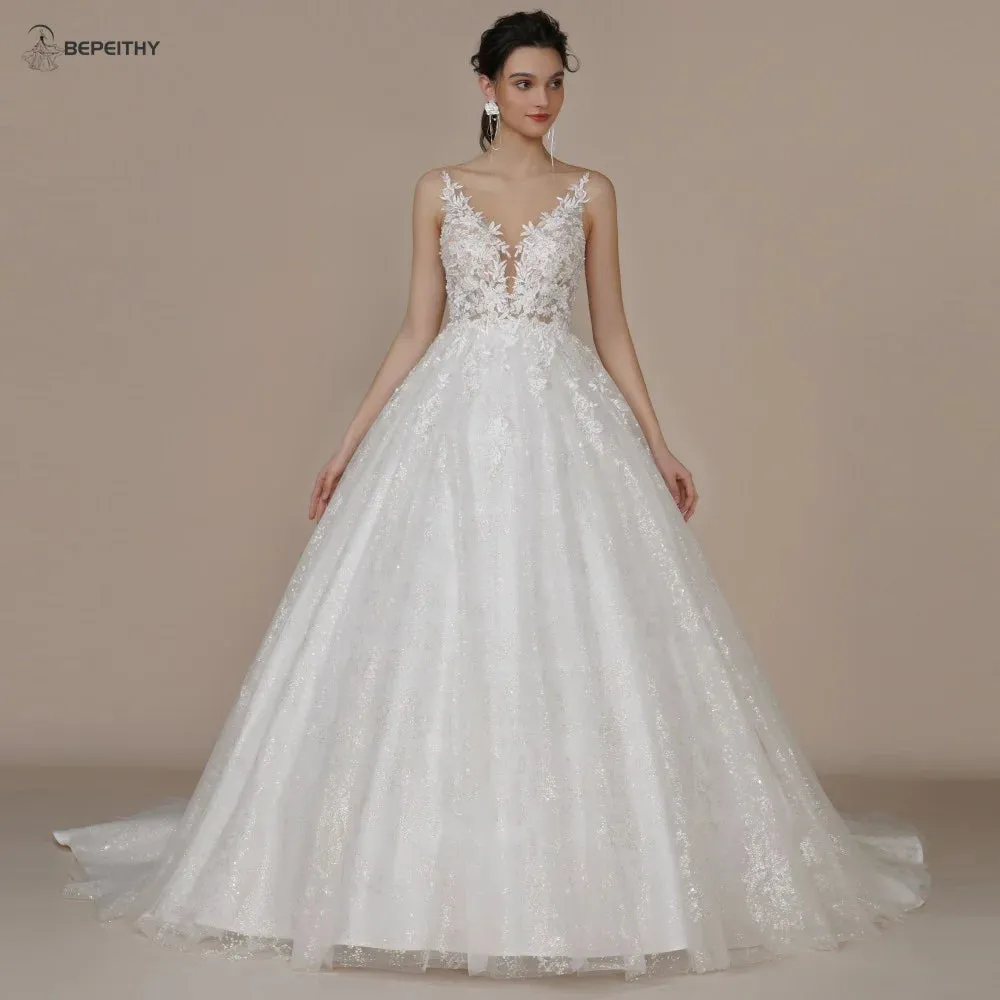 Backless Scoop Lace Wedding Dresses For Bride France Court Train Glitter