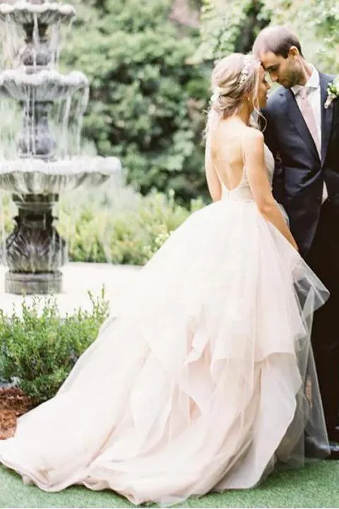 Ball Gown Spaghetti Straps V-neck Tulle Wedding Dress Sexy Backless Simple Wedding Gown CP026