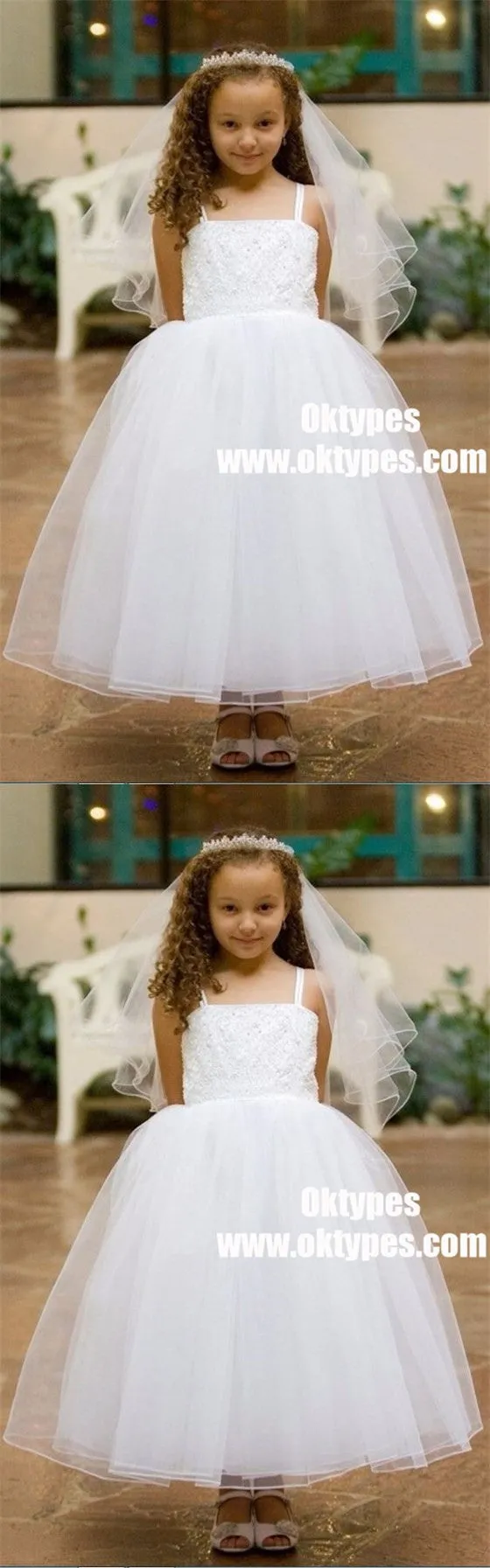 Ball Gown Straps Ankle Length White Flower Girl Dress with Lace, TYP0928