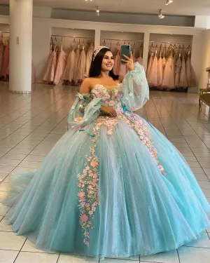 Beautiful Ice Blue Quinceanera Dress with 3D Flowers Floral Sweet 16 Dress Puffy Tulle Ball Gown vestidos de quinceañera
