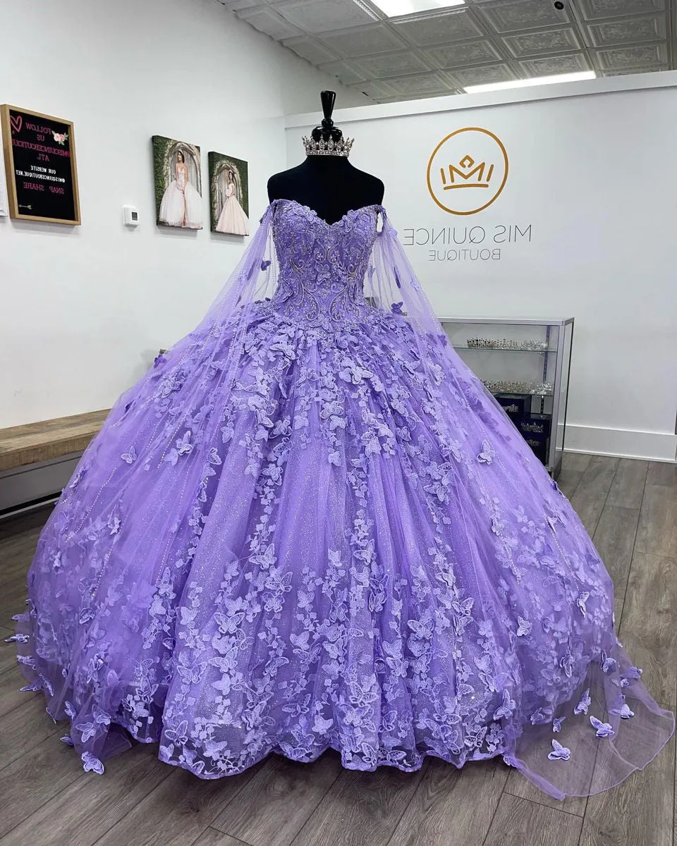 Beautiful Purple Quinceanera Dresses Sequined 3D Butterfly Appliques Puffy Ball Gown with Cape vestidos de quinceañera