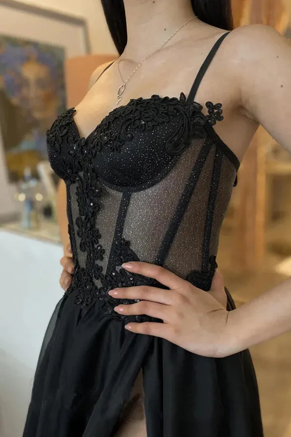Black A-line Spaghetti Straps Thigh Split Prom Dresses With Lace Appliques, MP819