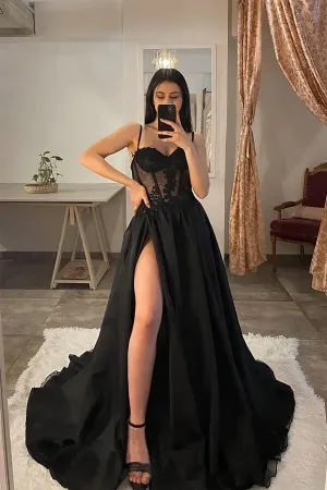 Black A-line Spaghetti Straps Thigh Split Prom Dresses With Lace Appliques, MP819