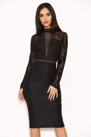 Black High Neck Lace Dress With Frill Hem