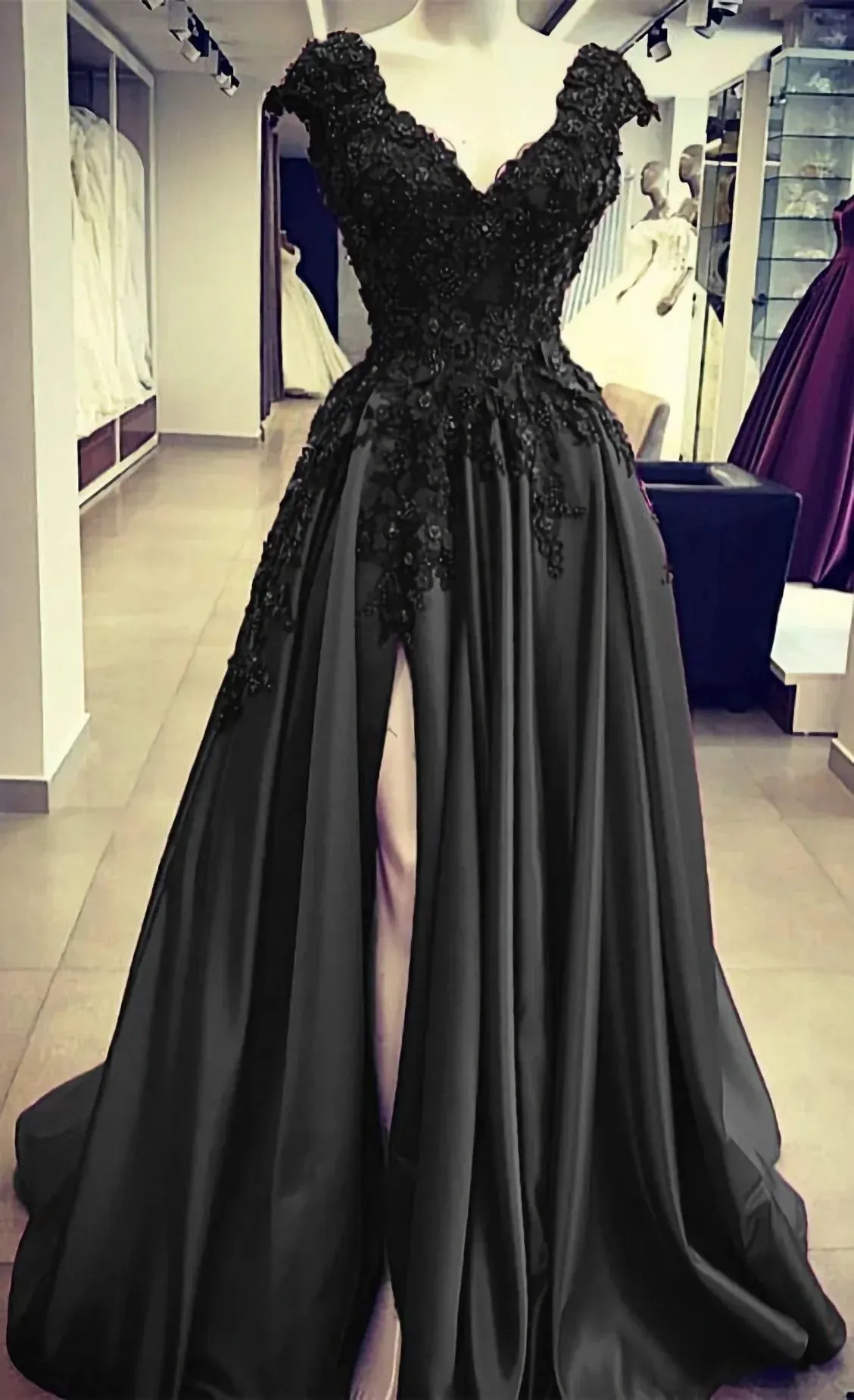 Black Lace 2025 Prom Dresses V Neck Satin Applique Formal Dress with Split