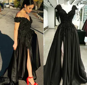 Black Lace 2025 Prom Dresses V Neck Satin Applique Formal Dress with Split