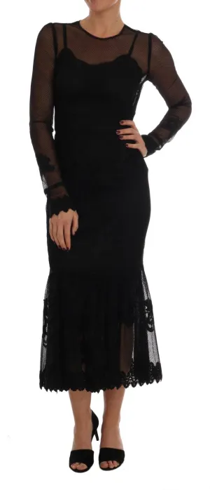 Black Lace Midi Rose Long Sleeved Dress