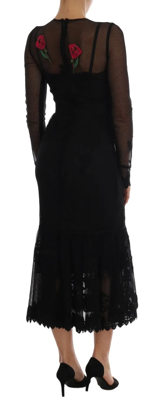 Black Lace Midi Rose Long Sleeved Dress