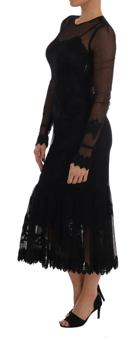 Black Lace Midi Rose Long Sleeved Dress