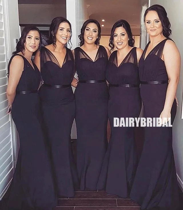 Black Mermaid Jersey Sleeveless Tulle Floor-Length Backless Bridesmaid Dress, FC2268