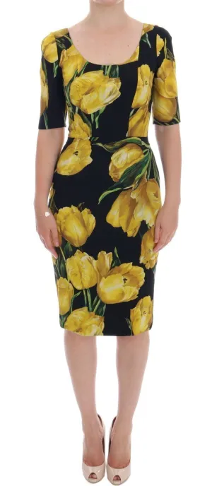 Black Silk Stretch Yellow Tulip Sheath Dress