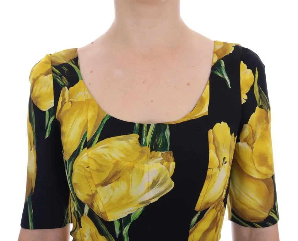 Black Silk Stretch Yellow Tulip Sheath Dress