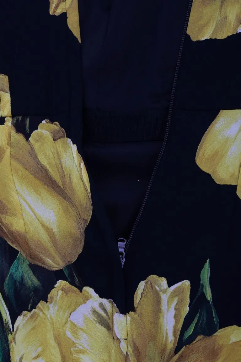 Black Silk Stretch Yellow Tulip Sheath Dress
