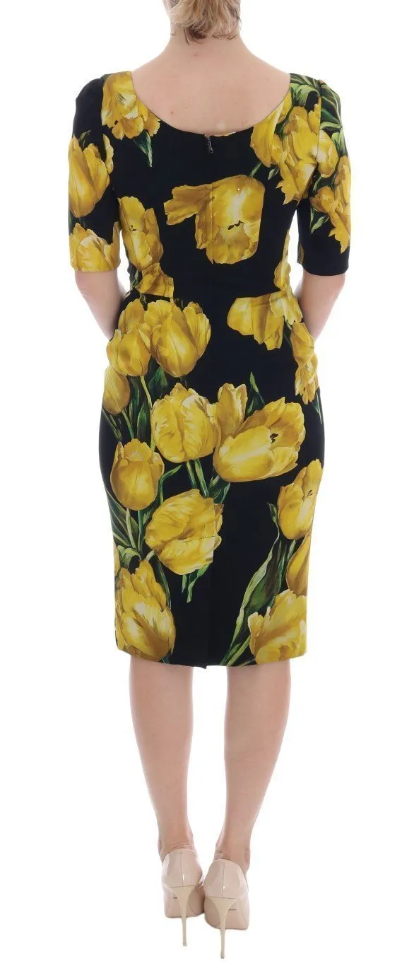 Black Silk Stretch Yellow Tulip Sheath Dress