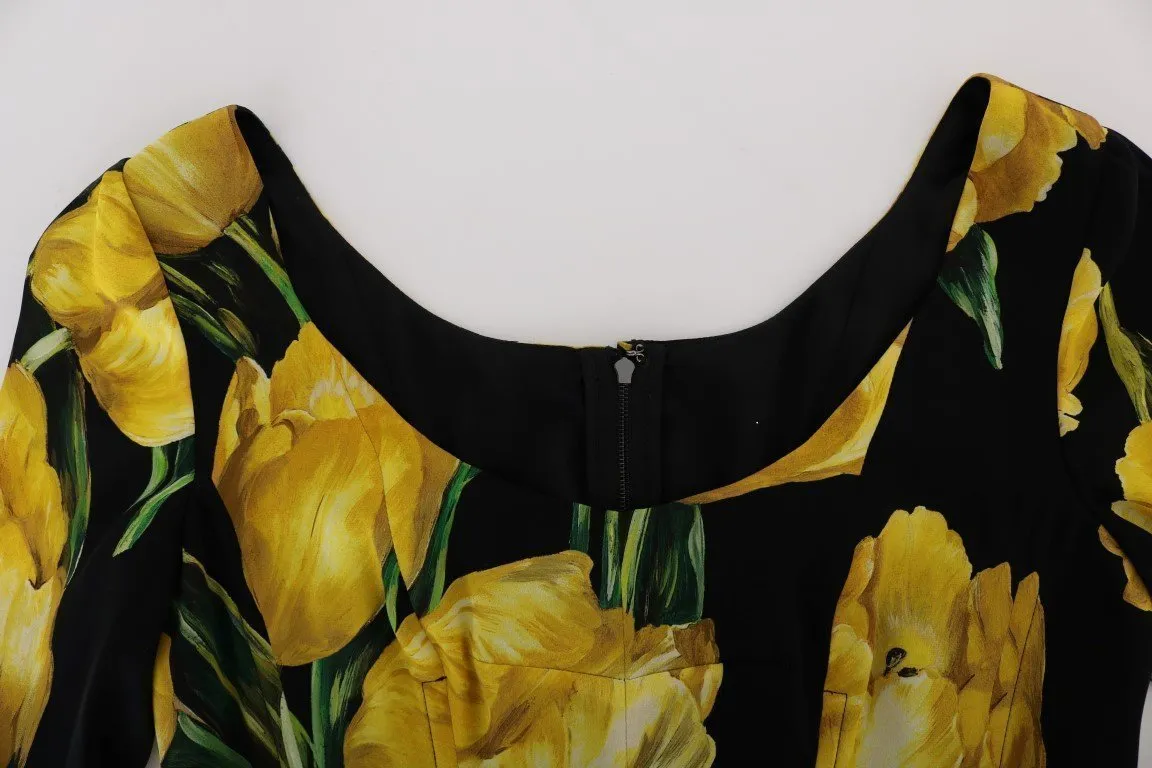 Black Silk Stretch Yellow Tulip Sheath Dress