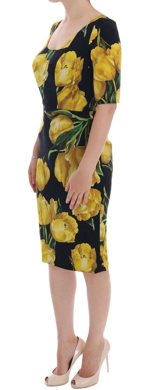 Black Silk Stretch Yellow Tulip Sheath Dress