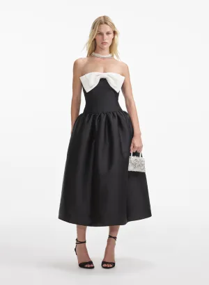 Black Taffeta Contrast Bow Midi Dress