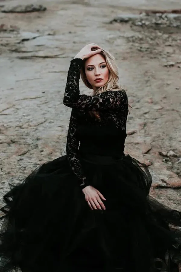 Black Tulle A-line Lace Appliques Long Sleeves Boho Wedding Dresses, SW699
