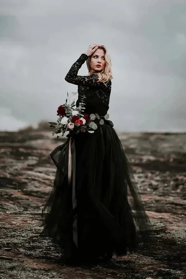 Black Tulle A-line Lace Appliques Long Sleeves Boho Wedding Dresses, SW699