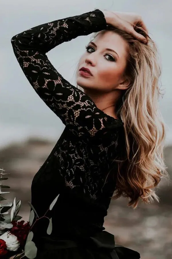 Black Tulle A-line Lace Appliques Long Sleeves Boho Wedding Dresses, SW699