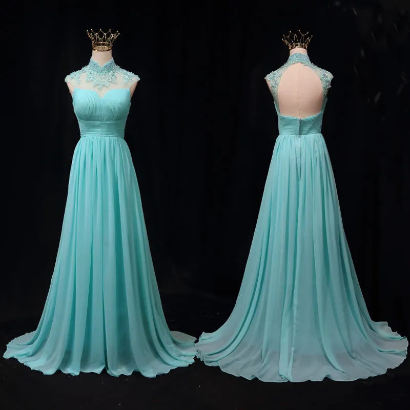 Blue Chiffon Lace and Beaded Cap Sleeves Prom Party Dress, A-line Chiffon Formal Dress