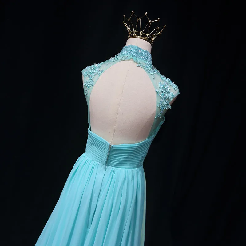 Blue Chiffon Lace and Beaded Cap Sleeves Prom Party Dress, A-line Chiffon Formal Dress