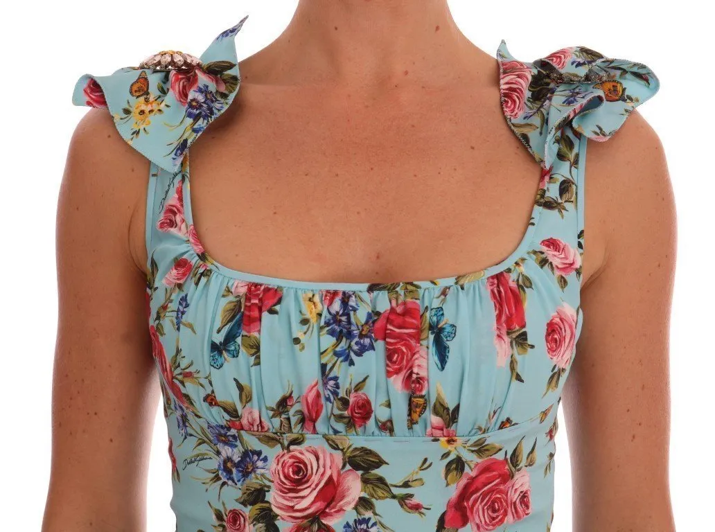 Blue Floral Butterfly Print Crystal Dress
