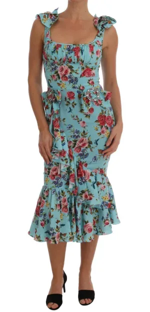 Blue Floral Butterfly Print Crystal Dress