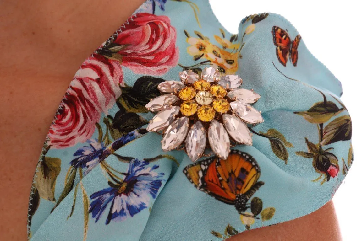 Blue Floral Butterfly Print Crystal Dress