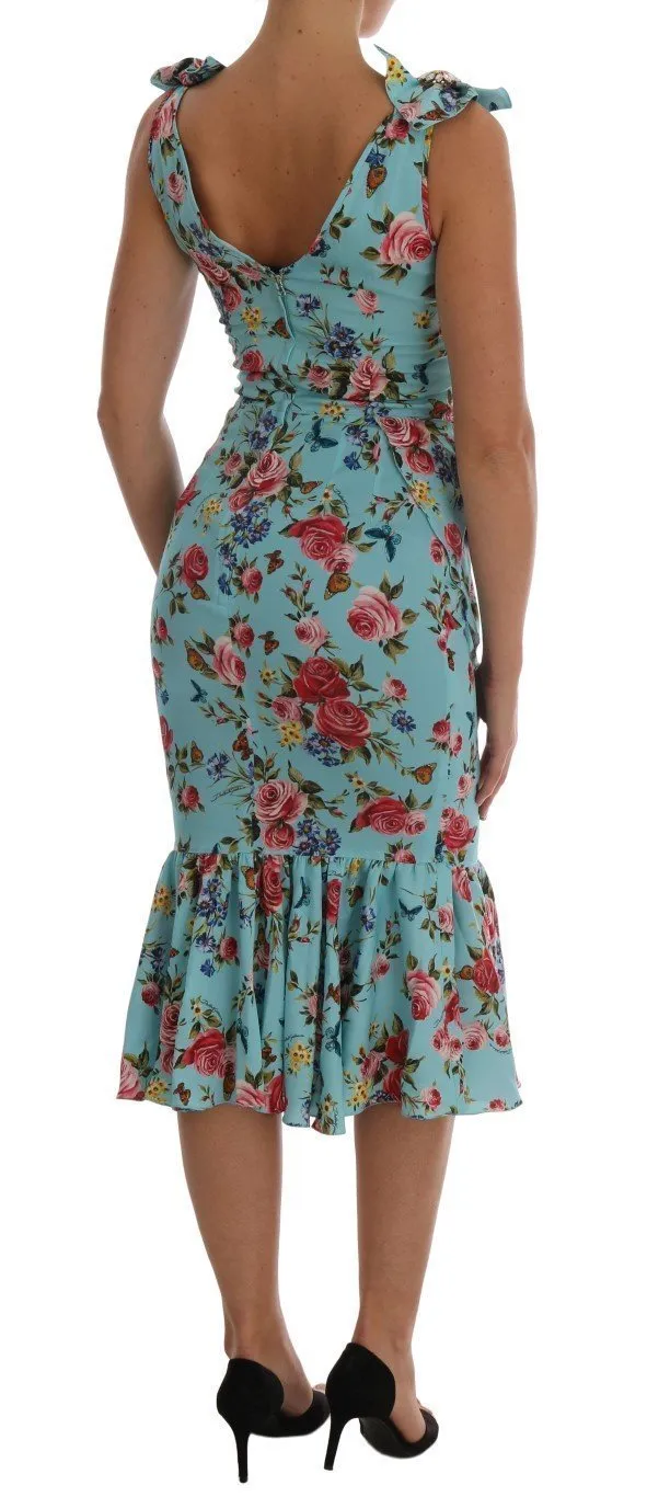 Blue Floral Butterfly Print Crystal Dress
