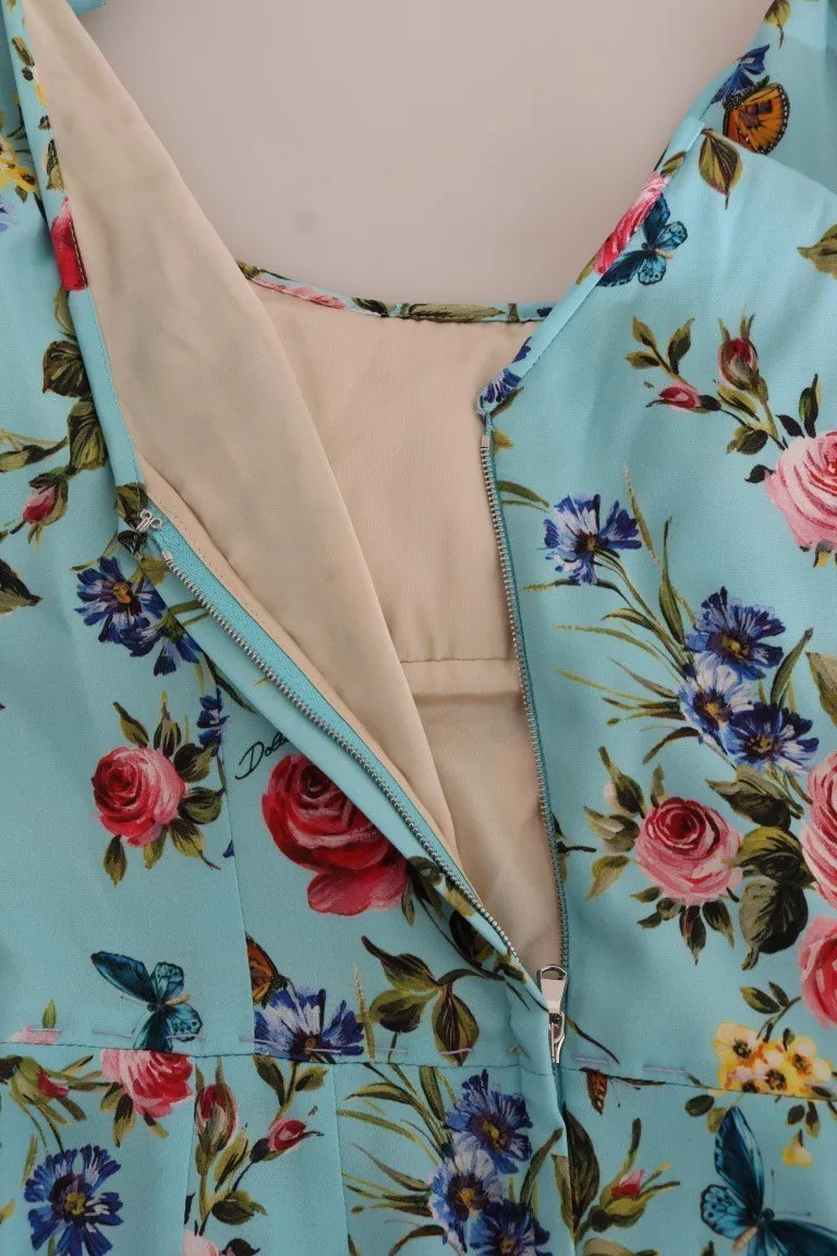 Blue Floral Butterfly Print Crystal Dress