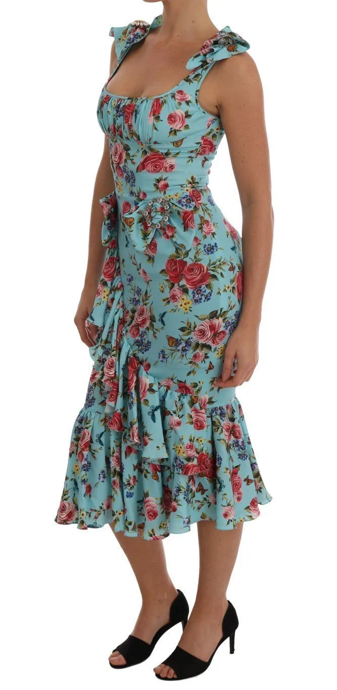 Blue Floral Butterfly Print Crystal Dress